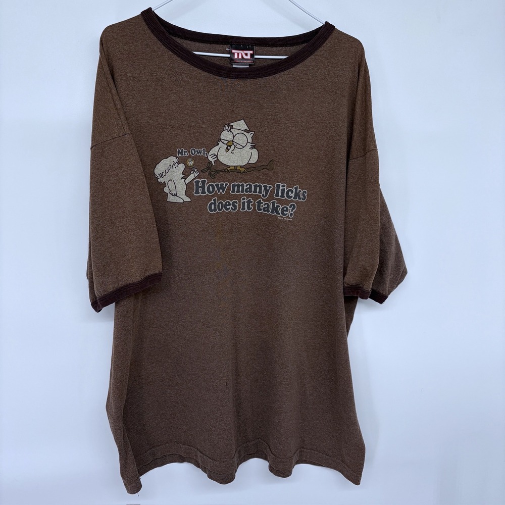 Y2K 2005 TR Brands Mr. Owl How Many Licks Tootsie Pop Ringer T Shirt Brown XXL‎ - Picture 2 of 7